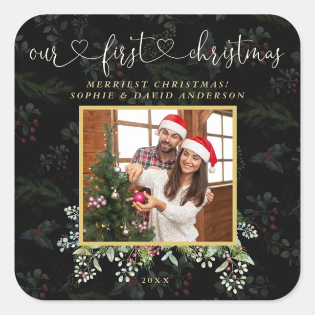Chic Unser erstes Weihnachtskalligrafie-Winter-Fot Quadratischer Aufkleber (Vorderseite)