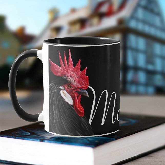 Chic Urban Farm Rooster Name Kitchen Chicken Black Tasse (Von Creator hochgeladen)