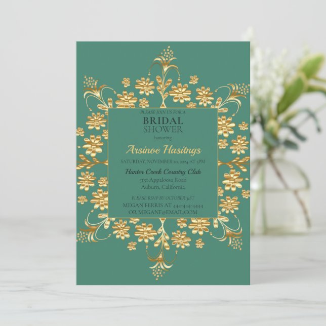 Chic Verziert Gold Blumendusche Einladung (Stehend Vorderseite)