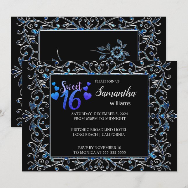 Chic Verziert Silver Sweet 16 Einladung (Vorne/Hinten)