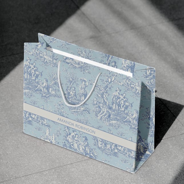 Chic Vintag-Blue-Grautoile de jouy Große Geschenktüte (Von Creator hochgeladen)