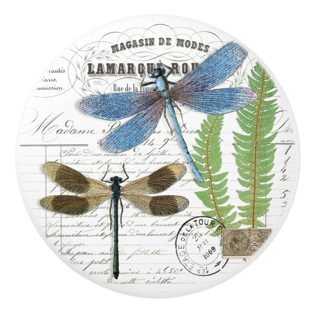 Chic Vintag Dragonfly & Fern French Script Knob Keramikknauf (Vorderseite)