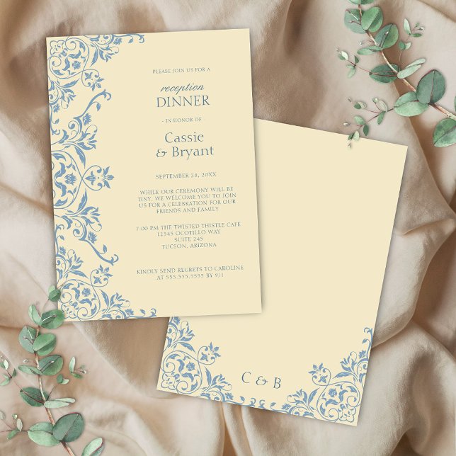 Chic Vintag Gelb Hochzeitsempfehlung Abendessen Einladung (elegant and chic vintage butter yellow wedding reception invitation with blue accents for old money)
