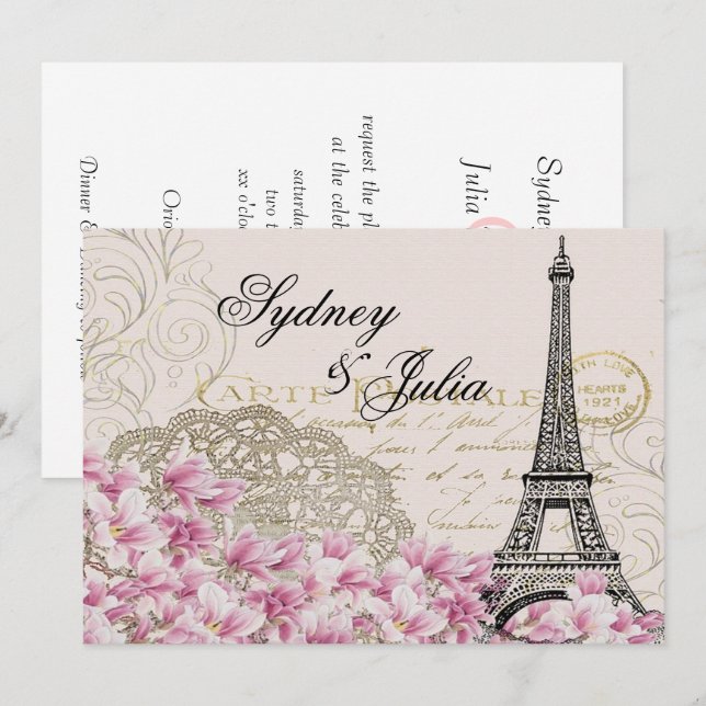 Chic, Vintag, Paris, Einladung zur Hochzeit (Vorne/Hinten)