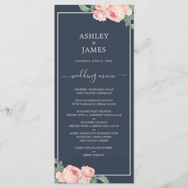Chic Vintag Pink Rose Dark Blue Wedding Menükarte (Vorderseite)