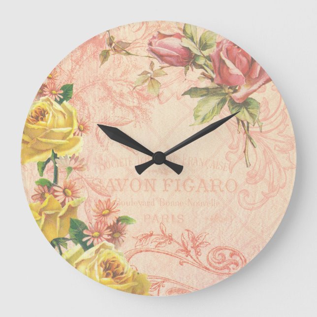 Chic-Vintage Blumenwand-Uhr Große Wanduhr (Vorderseite)
