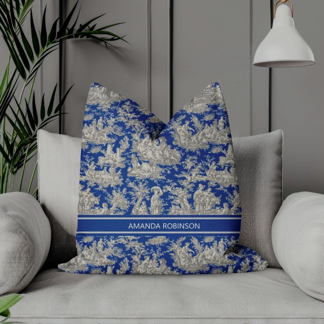 Chic Vintage dunkelblaue Toile de jouy bedruckt Kissen (Von Creator hochgeladen)