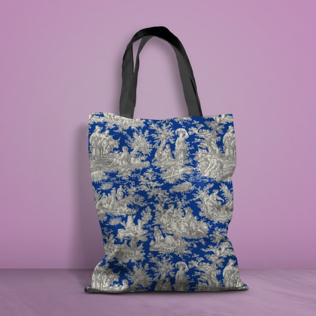 Chic Vintage dunkelblaue Toile de jouy bedruckt Tasche (Von Creator hochgeladen)