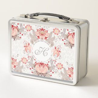 Chic Vintage Floral Damask Monogram Lunchbox