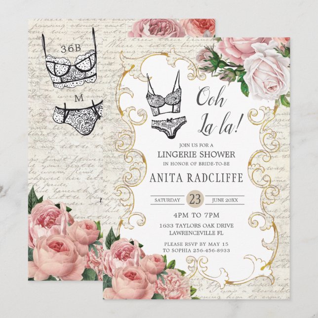 Chic Vintage französische Rose Lingerie Brautparty Einladung (Vorne/Hinten)