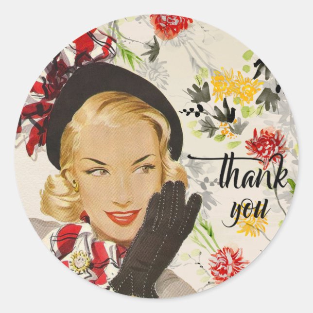 Chic, Vintage Frau "Danke" Runder Aufkleber (Vorderseite)