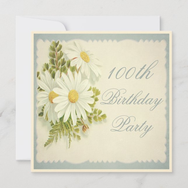 Chic-Vintage Gänseblümchen-100. Geburtstag Einladung (Vorderseite)