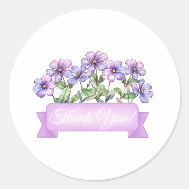 Chic Violet Blume mit Banner Floral Vielen Dank Runder Aufkleber (Vorderseite)