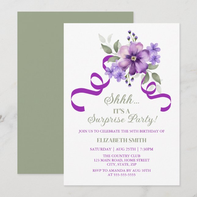 Chic Violet Floral Botanical Surprise Birthday Einladung (Vorne/Hinten)