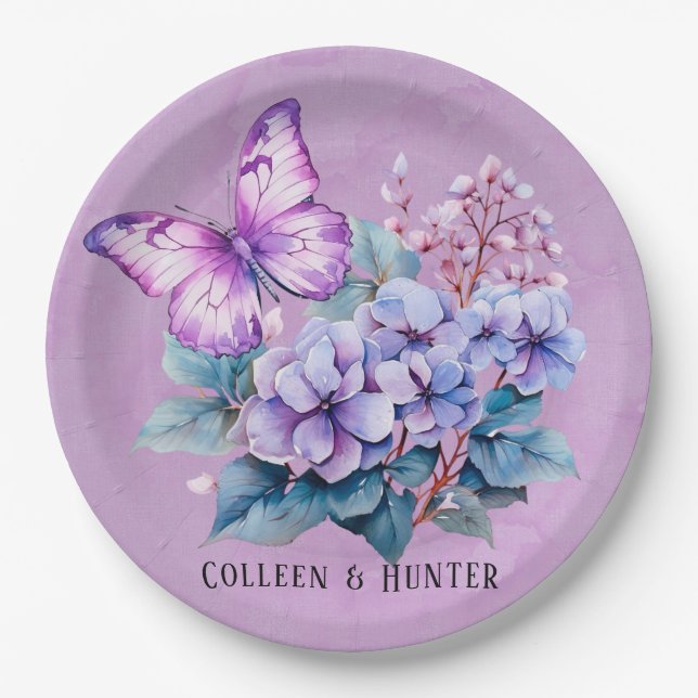 Chic Violet Hydrangea Floral und Butterfly Wedding Pappteller (Vorderseite)