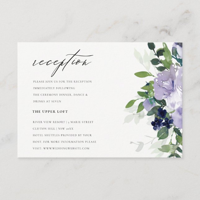 Chic Violet Lila Blumenblätter Hochzeitsempfang Begleitkarte (Vorderseite)