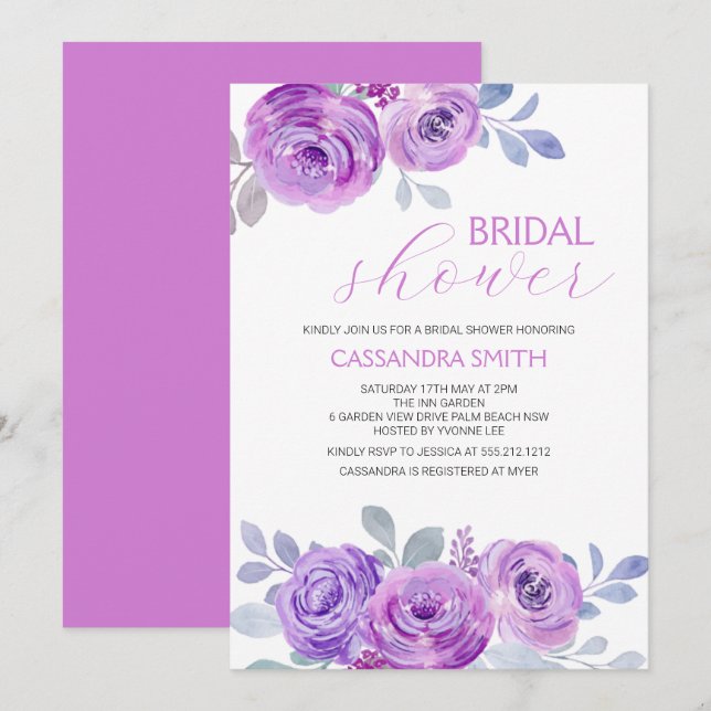 Chic Violet Rose Greenery Floral Bridal Shower  Einladung (Vorne/Hinten)