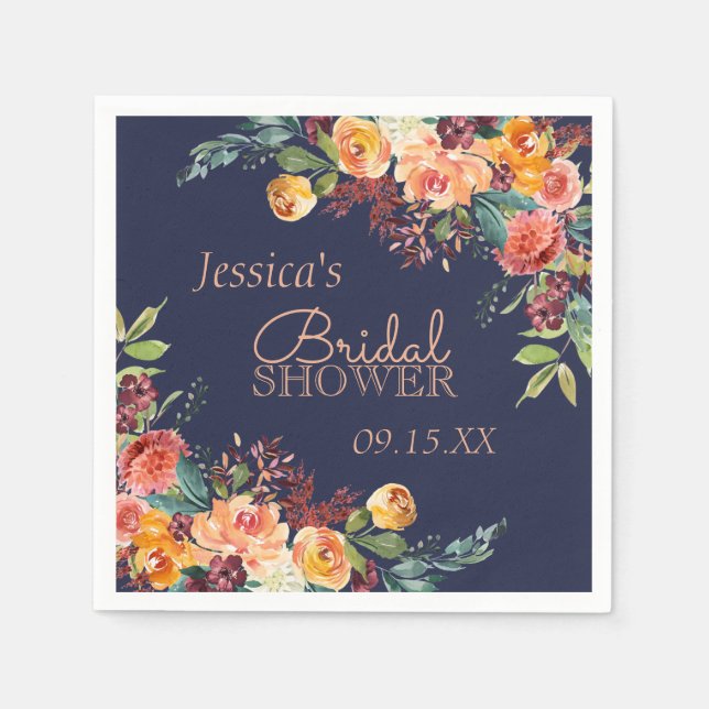 Chic Warme Floral Navy Blue Personalisiert Napkin Serviette (Vorderseite)