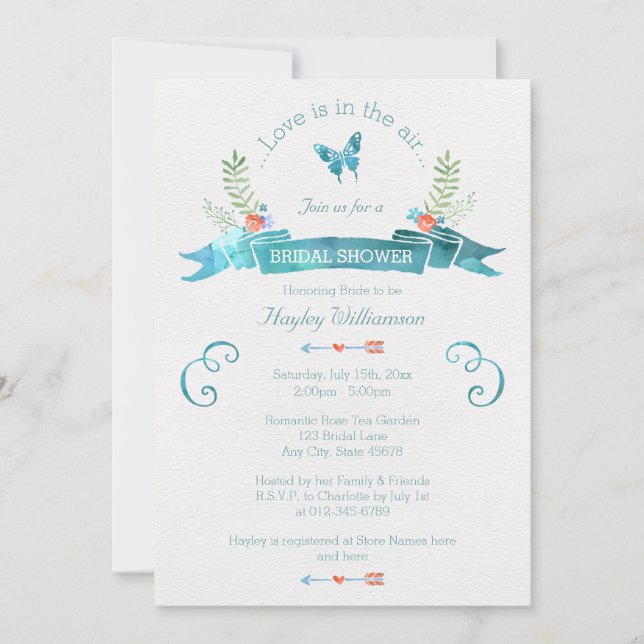 Chic Watercolor Banner Butterfly Brautparty Einladung (Vorderseite)