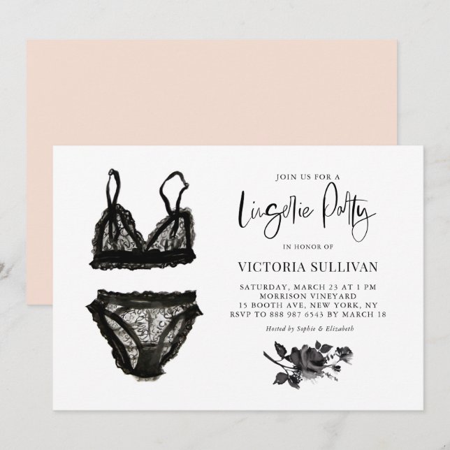 Chic Watercolor Black Lace Floral Lingerie Party Einladung (Vorne/Hinten)