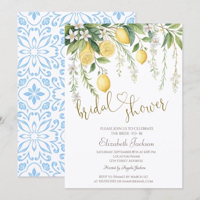 Chic Watercolor Blooming Lemons Bridal Shower  Einladung (Vorne/Hinten)