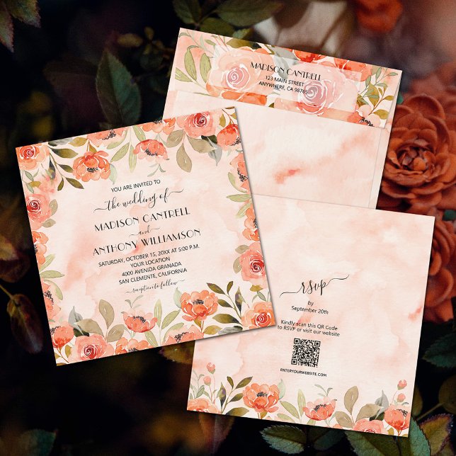 Chic Watercolor Blues Hochzeit in einem Einladung (Watercolor orange floral all-in-one wedding invitations (envelopes sold separately.))