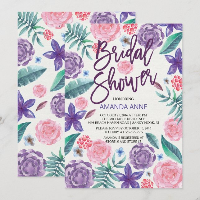 Chic Watercolor Blume Bridal Dusche Einladung (Vorne/Hinten)