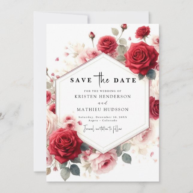 Chic Watercolor Blume Crimson Red Wedding Save The Date (Vorderseite)