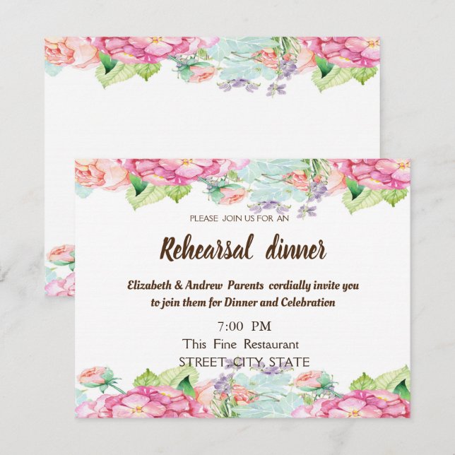 Chic Watercolor Blume Hochzeit Probe Dinner Einladung (Vorne/Hinten)