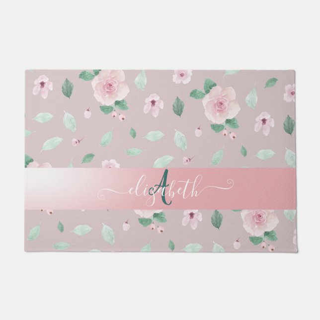 Chic Watercolor-Blume Monogramm Fußmatte (Vorderseite)