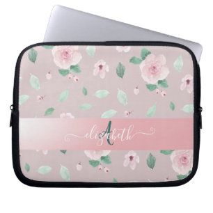 Chic Watercolor-Blume Monogramm Laptopschutzhülle