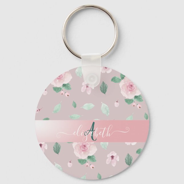 Chic Watercolor-Blume Monogramm Schlüsselanhänger (Vorderseite)