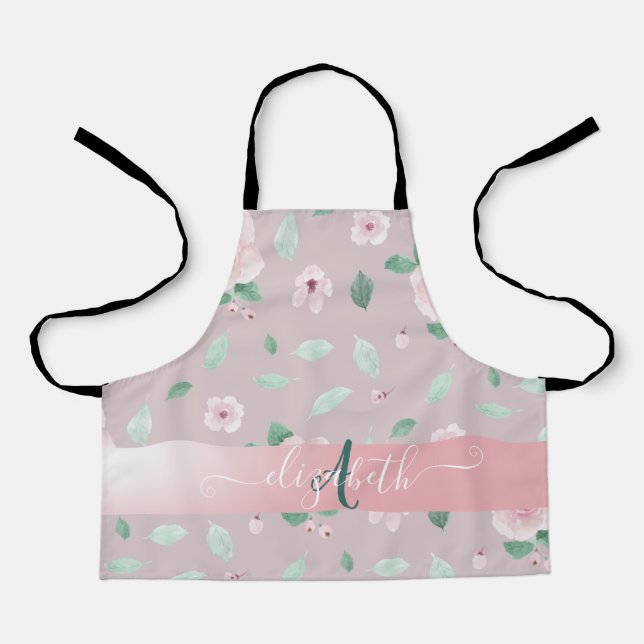 Chic Watercolor-Blume Monogramm Schürze (Vorderseite)
