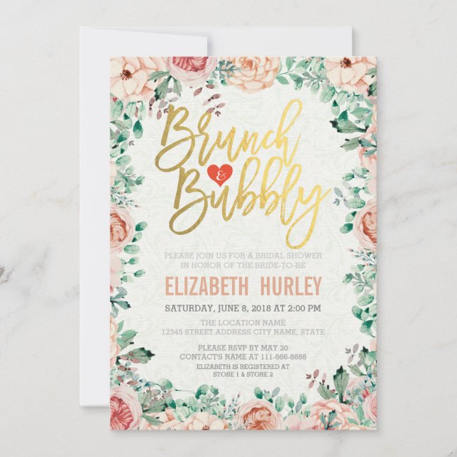 Chic Watercolor Blumenbrunch Bubbly Brautparty Einladung (Vorderseite)