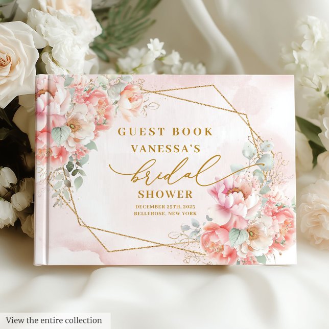 Chic Watercolor Blush Gold Rose Brautparty Gästebuch (Chic Watercolor Blush Gold Roses Bridal Shower Guest Book)