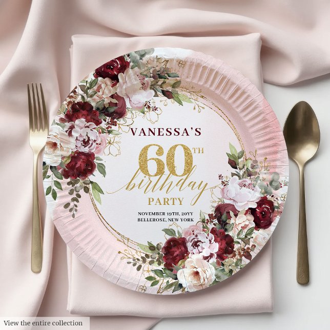 Chic Watercolor Boho Burgundy Blush 60th Birthday Pappteller (Chic Watercolor Boho Burgundy Blush 60th Birthday Paper Plates)