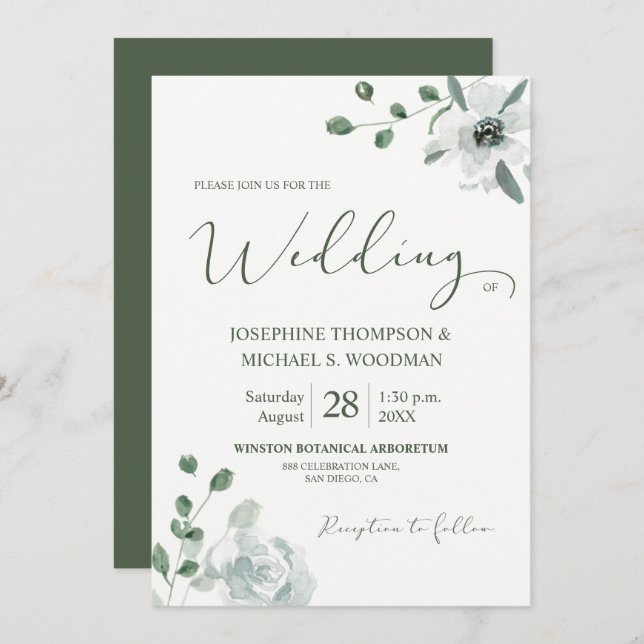 Chic Watercolor Botanical Green Wedding Script Einladung (Vorne/Hinten)