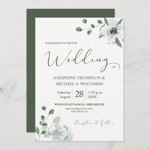 Chic Watercolor Botanical Green Wedding Script Einladung