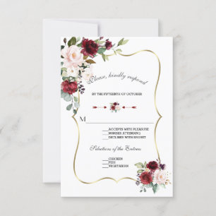 Chic Watercolor Burgundy Blush Floral Gold Hochzei RSVP Karte