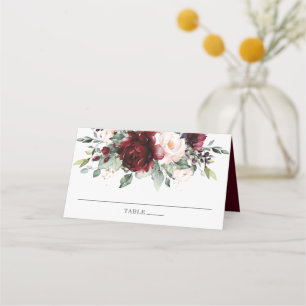 Chic Watercolor Burgundy Blush Floral Wedding Platzkarte