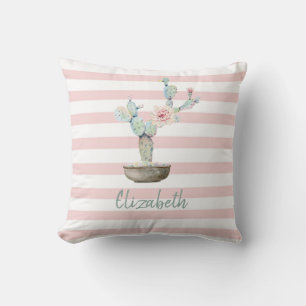 Chic Watercolor Cactus, Pink Stripes Kissen