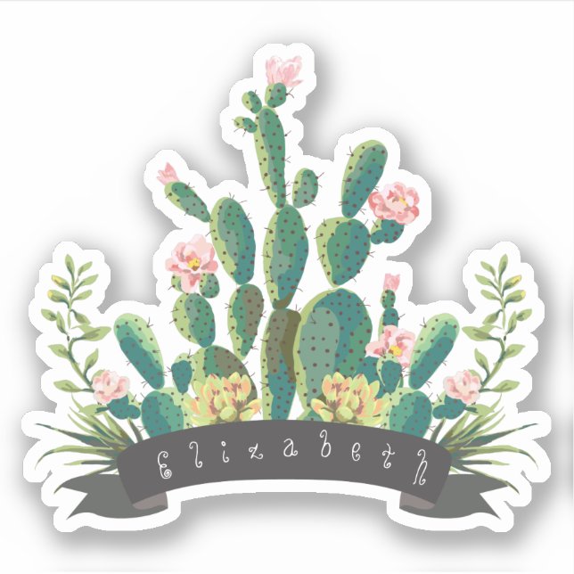 Chic Watercolor Cactus Planter Personalisiert Name Aufkleber (Vorderseite)