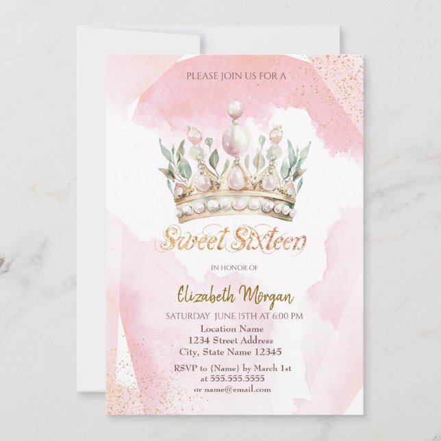 Chic Watercolor Crown Blume Sweet 16 Einladung (Vorderseite)