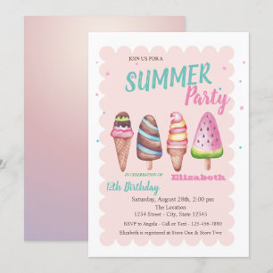Chic Watercolor Eiscreme Sommer Geburtstagsparty Einladung