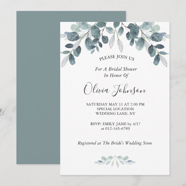 Chic Watercolor Eucalytus Bloom Brautparty Einladung (Vorne/Hinten)