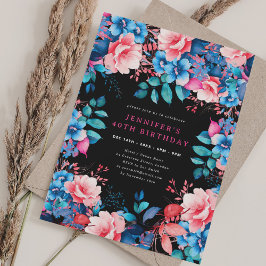 Chic Watercolor Floral 40. Geburtstag Schwarz Einladung