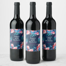 Chic Watercolor Floral 40. Happy Birthday Navy Weinetikett