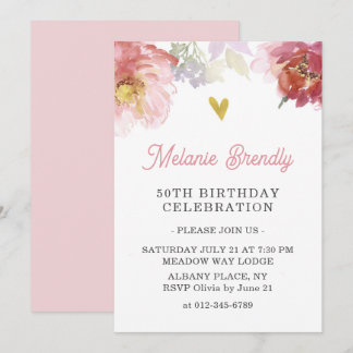 Chic Watercolor Floral 50. Geburtstagsparty Einlad Einladung
