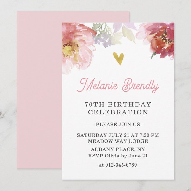 Chic Watercolor Floral 70e anniversaire Invitation (Devant / Derrière)