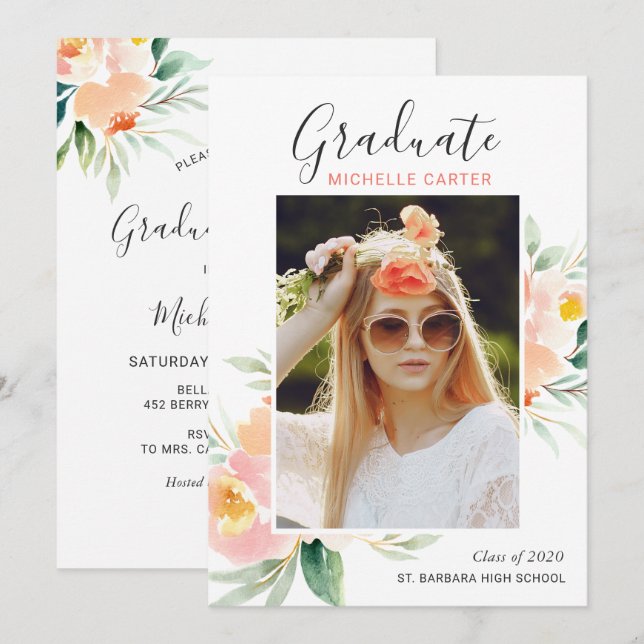 Chic Watercolor Floral Foto Graduation Party Einladung (Vorne/Hinten)